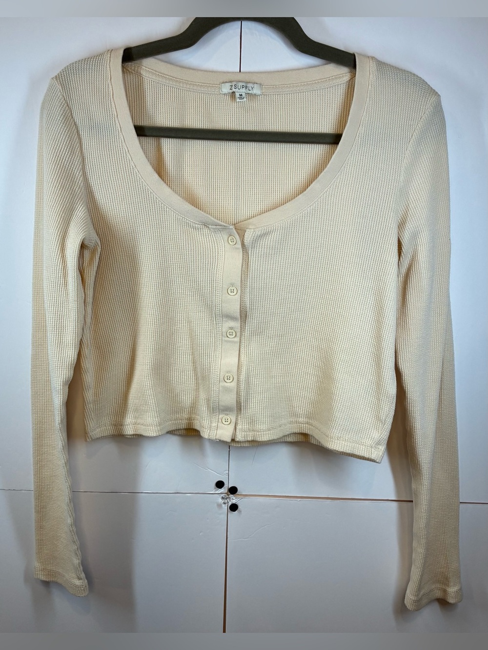 Z Supply Waffle Knit Cropped Henley Top Cream Long Sleeve Size Medium